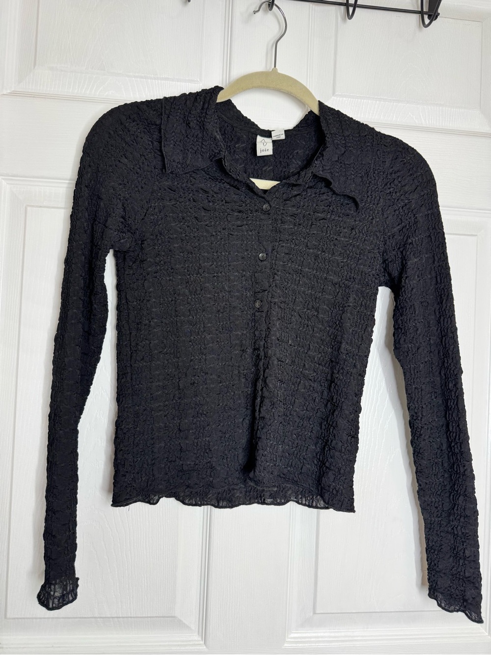 Joie Black Crinkled Long-Sleeve Button-Up Top